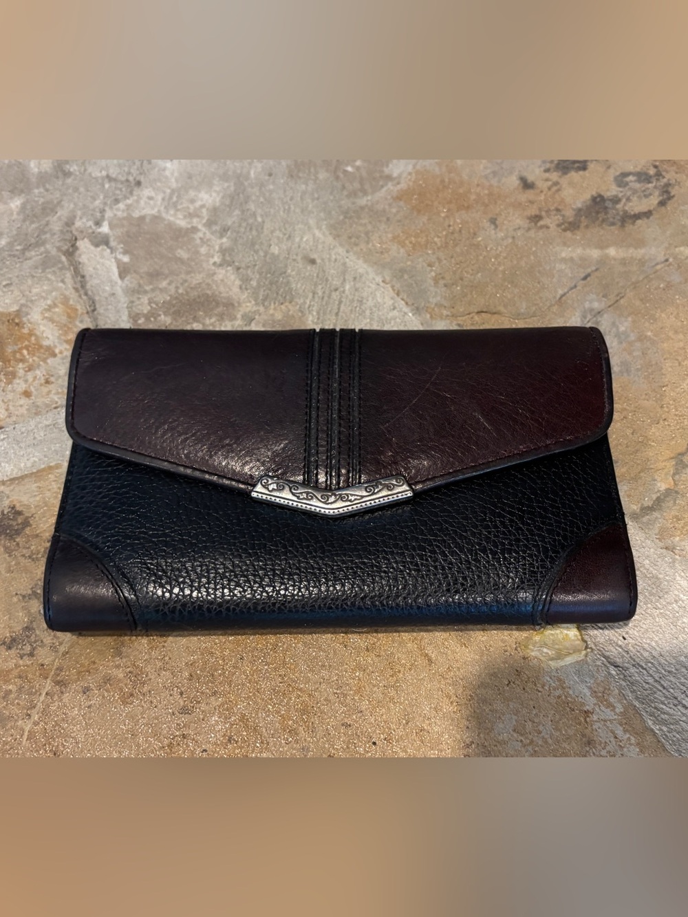 Brighton Black and Dark Brown Leather Continental Wallet with Silver Accent